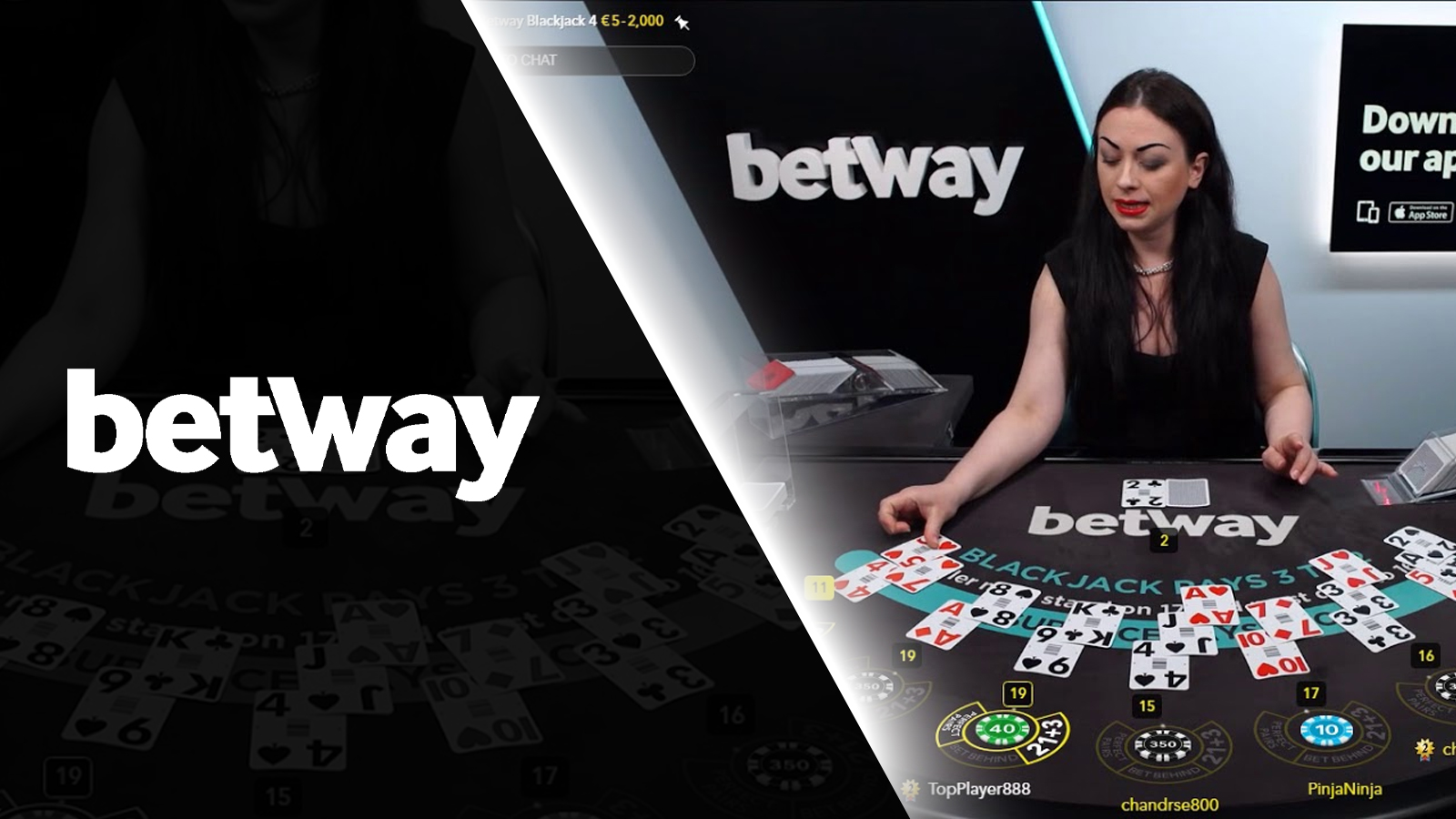 Choose one of 22 Blackjack games and enjoy them at Betway casino.