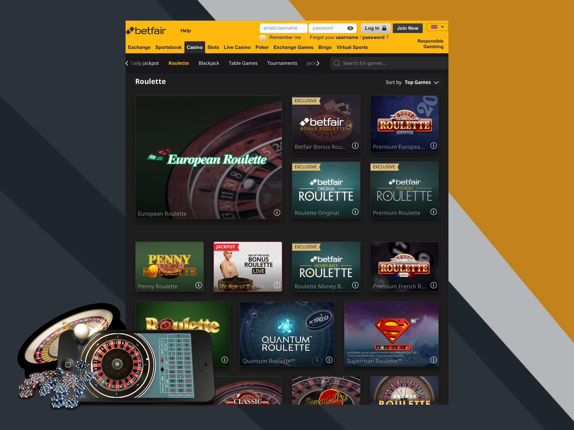 Play any kind of an online roulette at Betfair Casino.